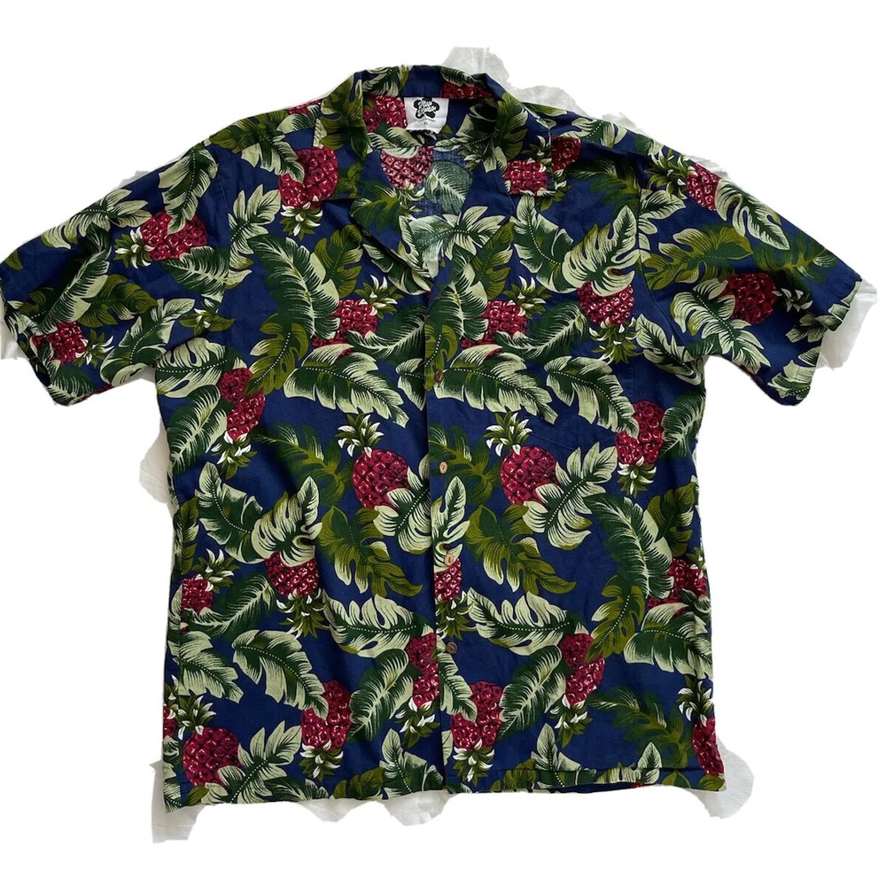 VTG Hilo Hattie Hawaiian Shirt X-large Blue Pineapple Green Cotton Camp Colorful